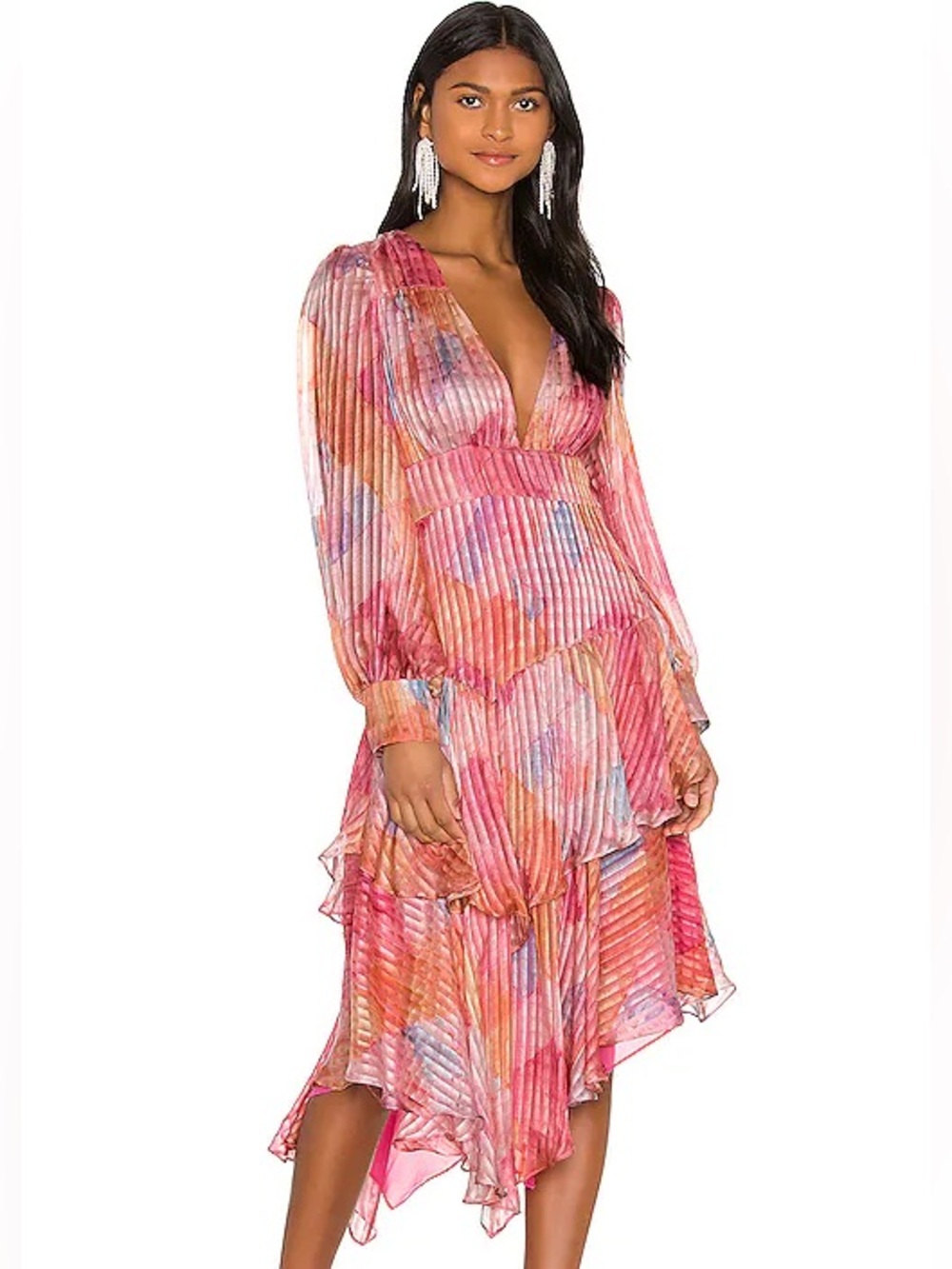 LoveShackFancy 6 Meridian Rainbow Cloud 100% Silk Ruffle LongSleeve Spring Dress